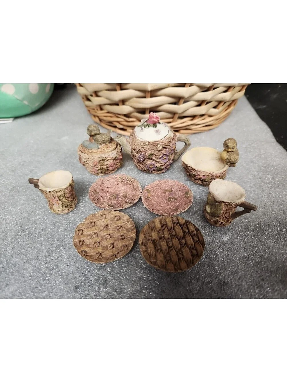 Mini Resin Vintage Tea Set,  Birds Nest, Pink Floral, 11 Pc Fairy Woodland!.